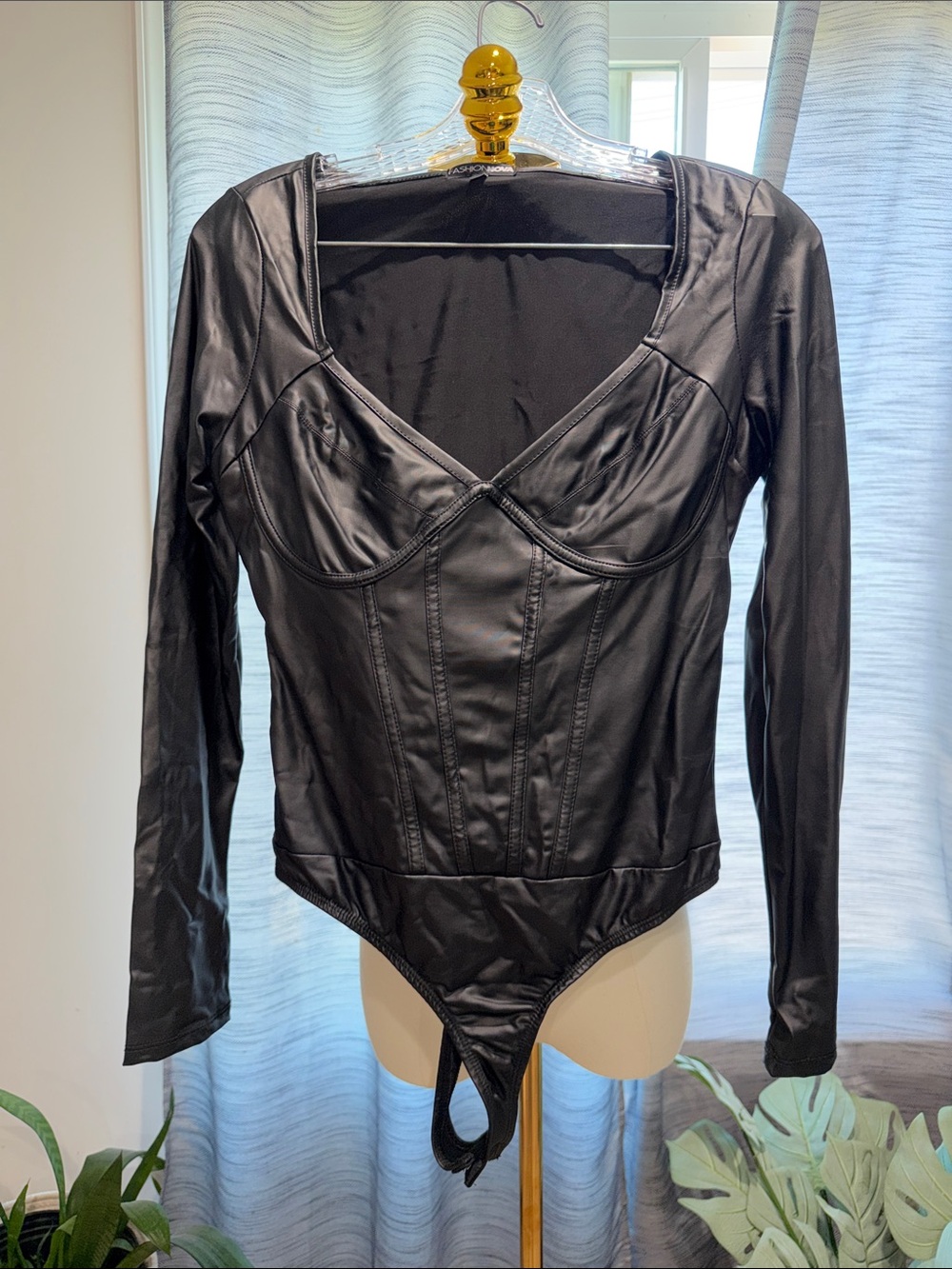 Fashion Nova Black Faux Leather Long-Sleeve Bodysuit